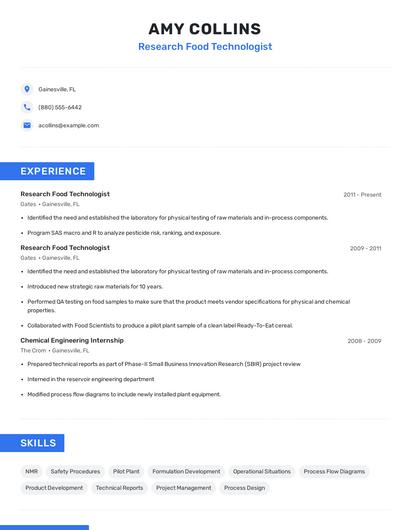 Research Food Technologist Resume