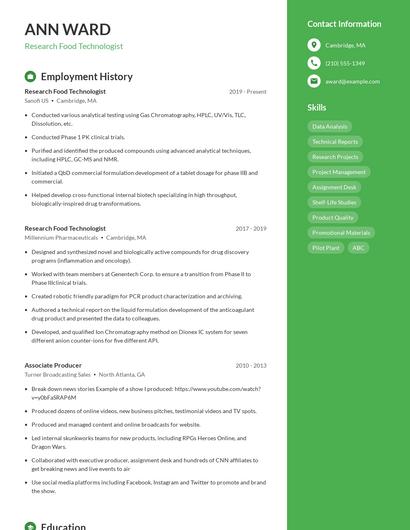 Research Food Technologist Resume