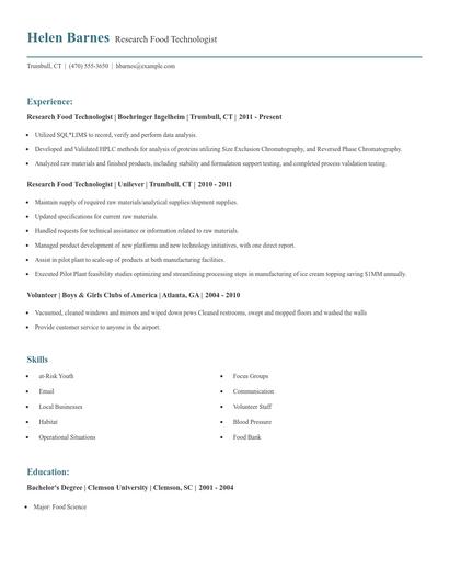 Research Food Technologist Resume