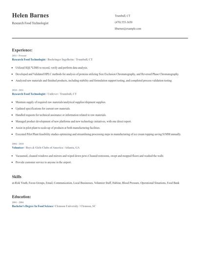 Research Food Technologist Resume