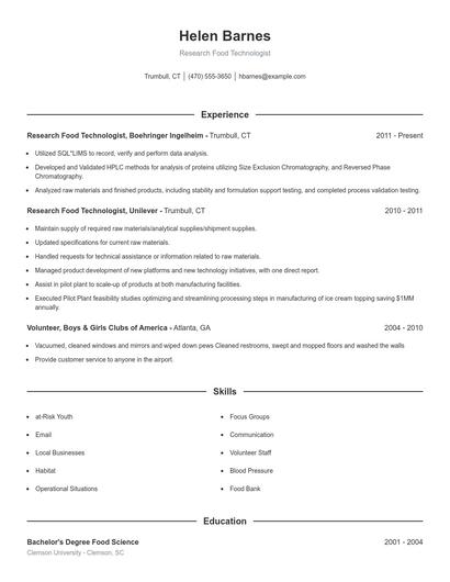 Research Food Technologist Resume