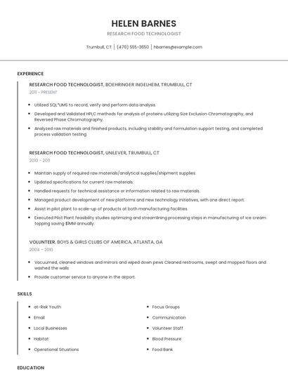 Research Food Technologist Resume
