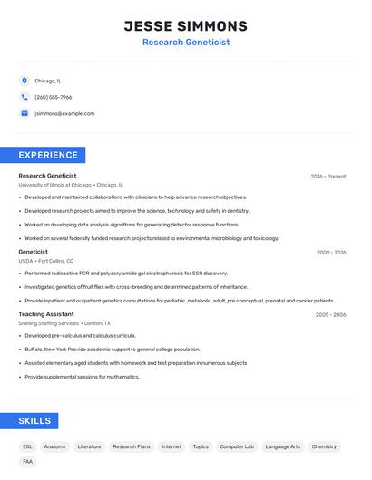 Research Geneticist Resume
