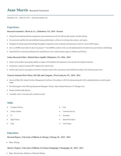 Research Geneticist Resume