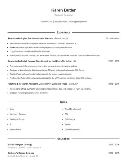 Research Geologist Resume