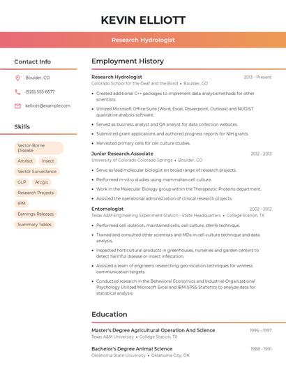 Research Hydrologist Resume