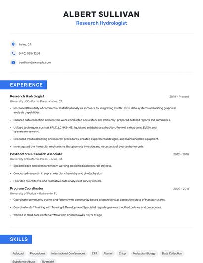Research Hydrologist Resume