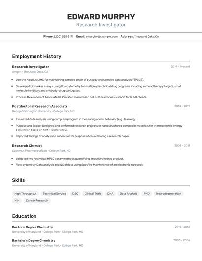 Research Investigator Resume