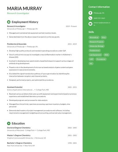Research Investigator Resume