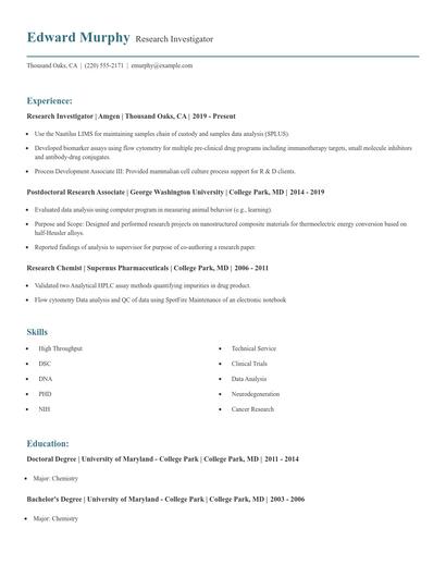 Research Investigator Resume