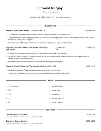Research Investigator Resume