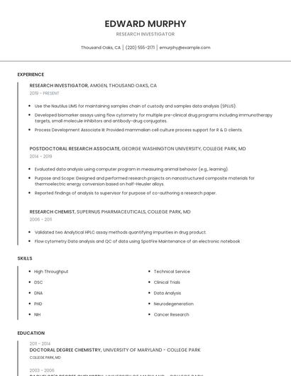 Research Investigator Resume