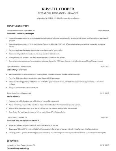 Research Laboratory Manager Resume