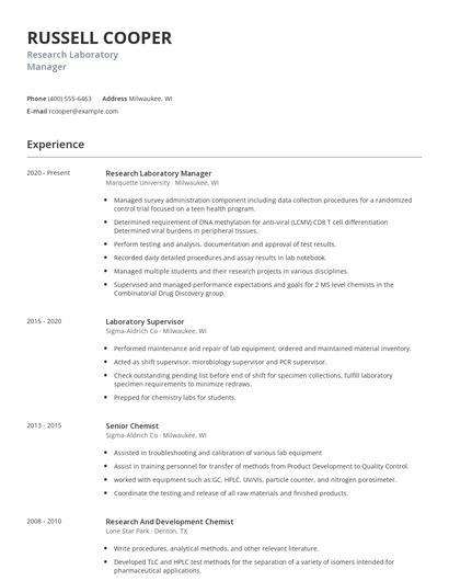 Research Laboratory Manager Resume
