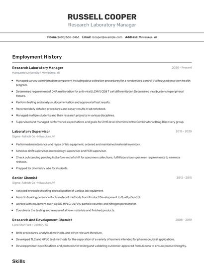 Research Laboratory Manager Resume