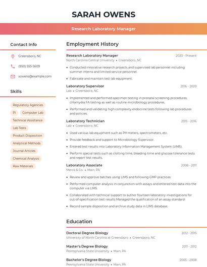 Research Laboratory Manager Resume