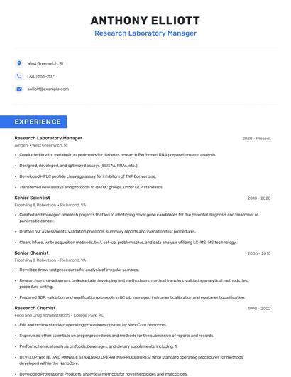 Research Laboratory Manager Resume