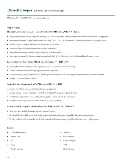 Research Laboratory Manager Resume