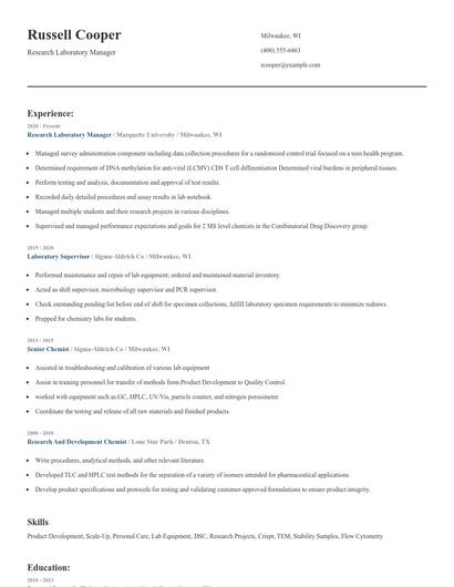 Research Laboratory Manager Resume