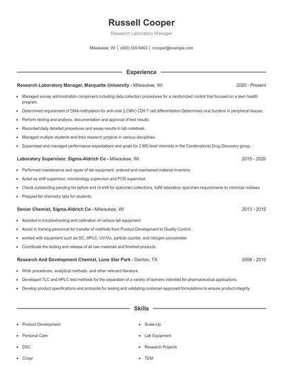Research Laboratory Manager Resume