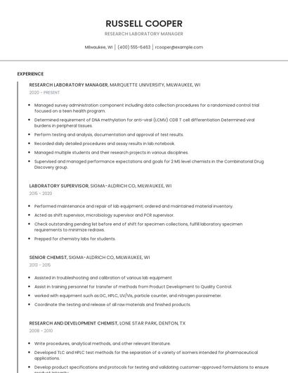 Research Laboratory Manager Resume