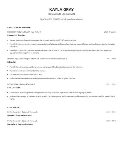 Research Librarian Resume