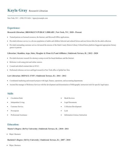 Research Librarian Resume