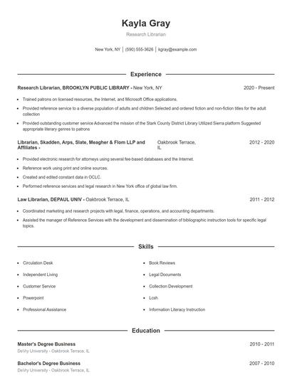 Research Librarian Resume