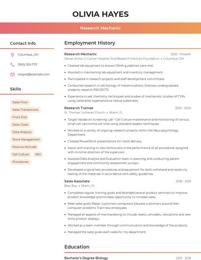 Research Mechanic Resume