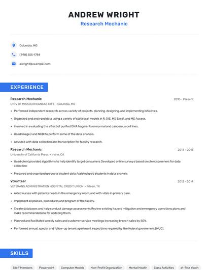 Research Mechanic Resume