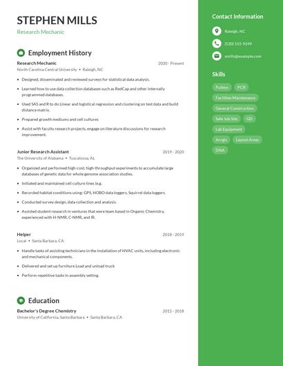 Research Mechanic Resume