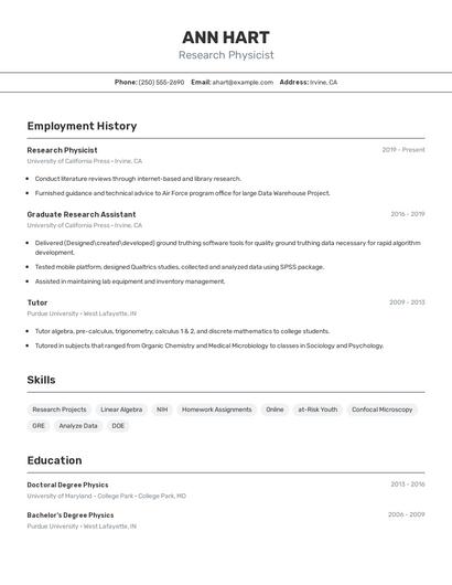 Research Physicist Resume