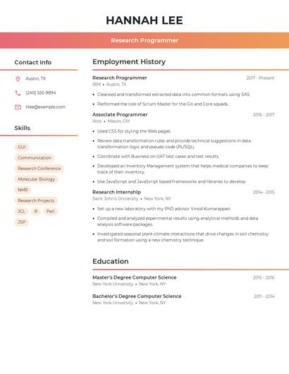 Research Programmer Resume