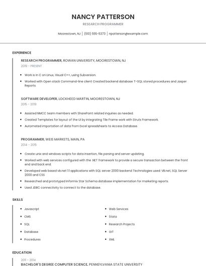 Research Programmer Resume