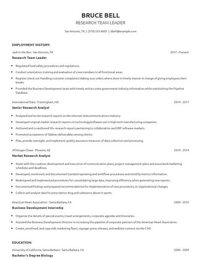 Research Team Leader Resume