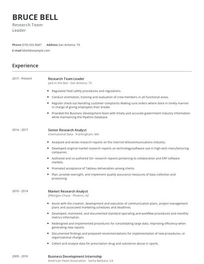 Research Team Leader Resume