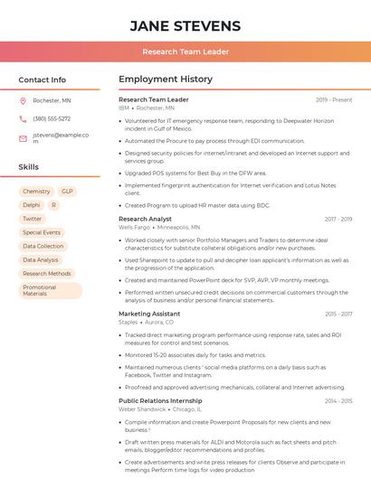 Research Team Leader Resume
