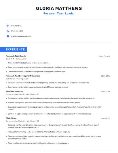 Research Team Leader Resume