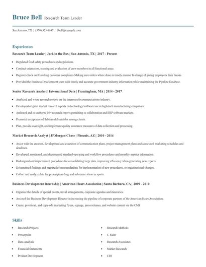 Research Team Leader Resume