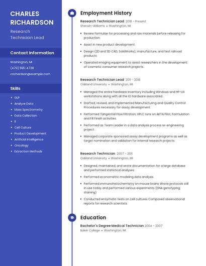 Research Technician Lead Resume