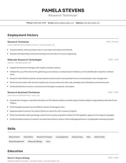 Research Technician Resume