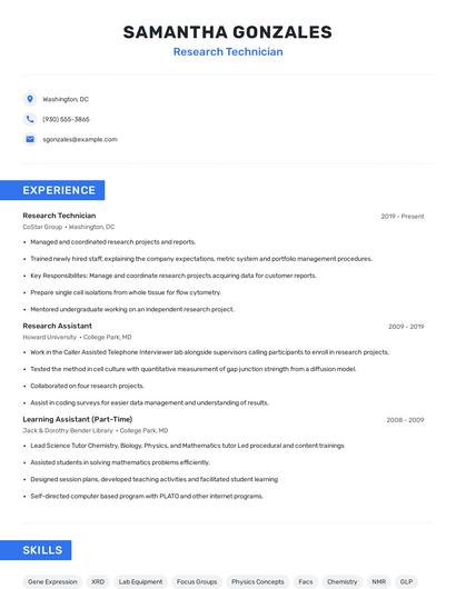 Research Technician Resume