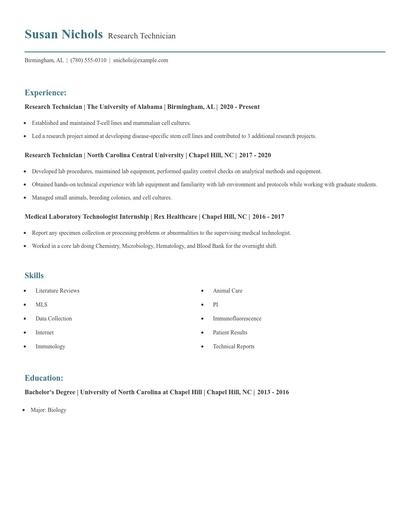 Research Technician Resume