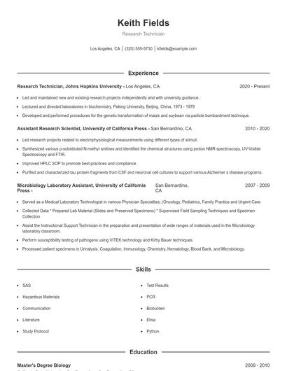 Research Technician Resume