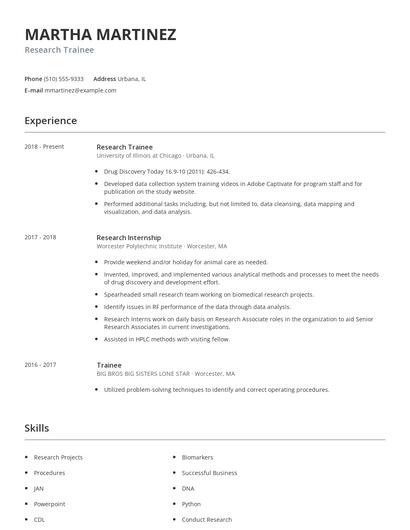Research Trainee Resume