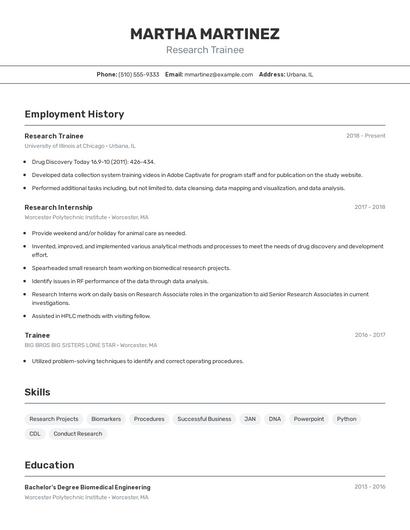Research Trainee Resume