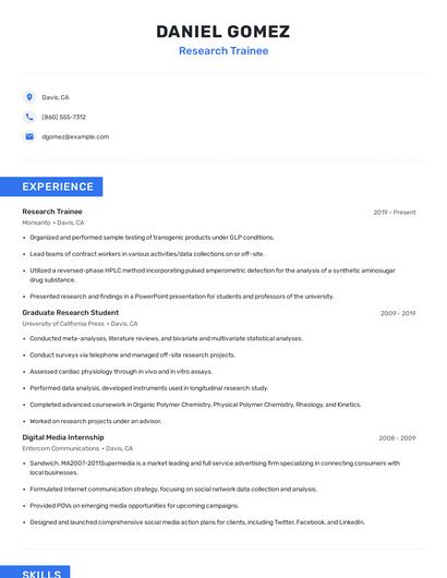 Research Trainee Resume