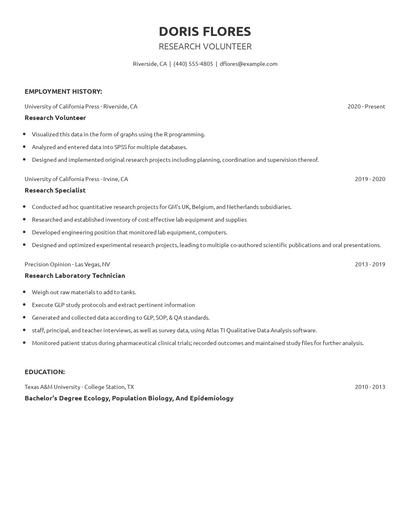 Research Volunteer Resume