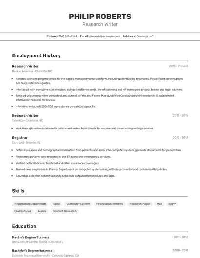 Research Writer Resume