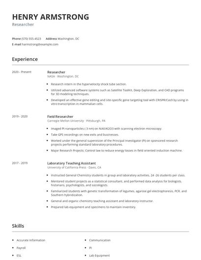 what is the tasks of research Researcher Resume